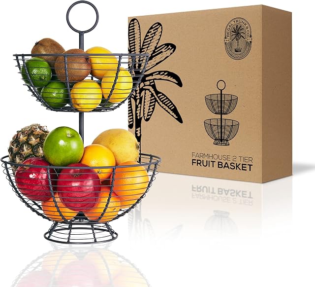 2 Tier Fruit Bowl - Farmhouse Wire Basket by REGAL TRUNK & CO. | Two Tier Fruit Basket for Kitchen to Store Veggies, Bread & More | Tiered Fruit Basket for Countertop or Hanging | Metal Wire Baskets