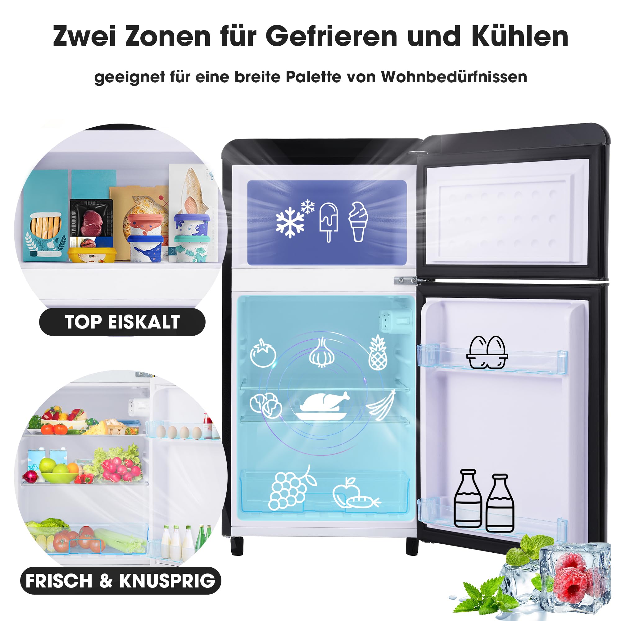 Réfrigérateur Congélateur Combiné Rétro 72L, Mini Frigo 2 Portes Compact avec Congélateur 21L, Petit Réfrigérateur Économe Classe E,Noir