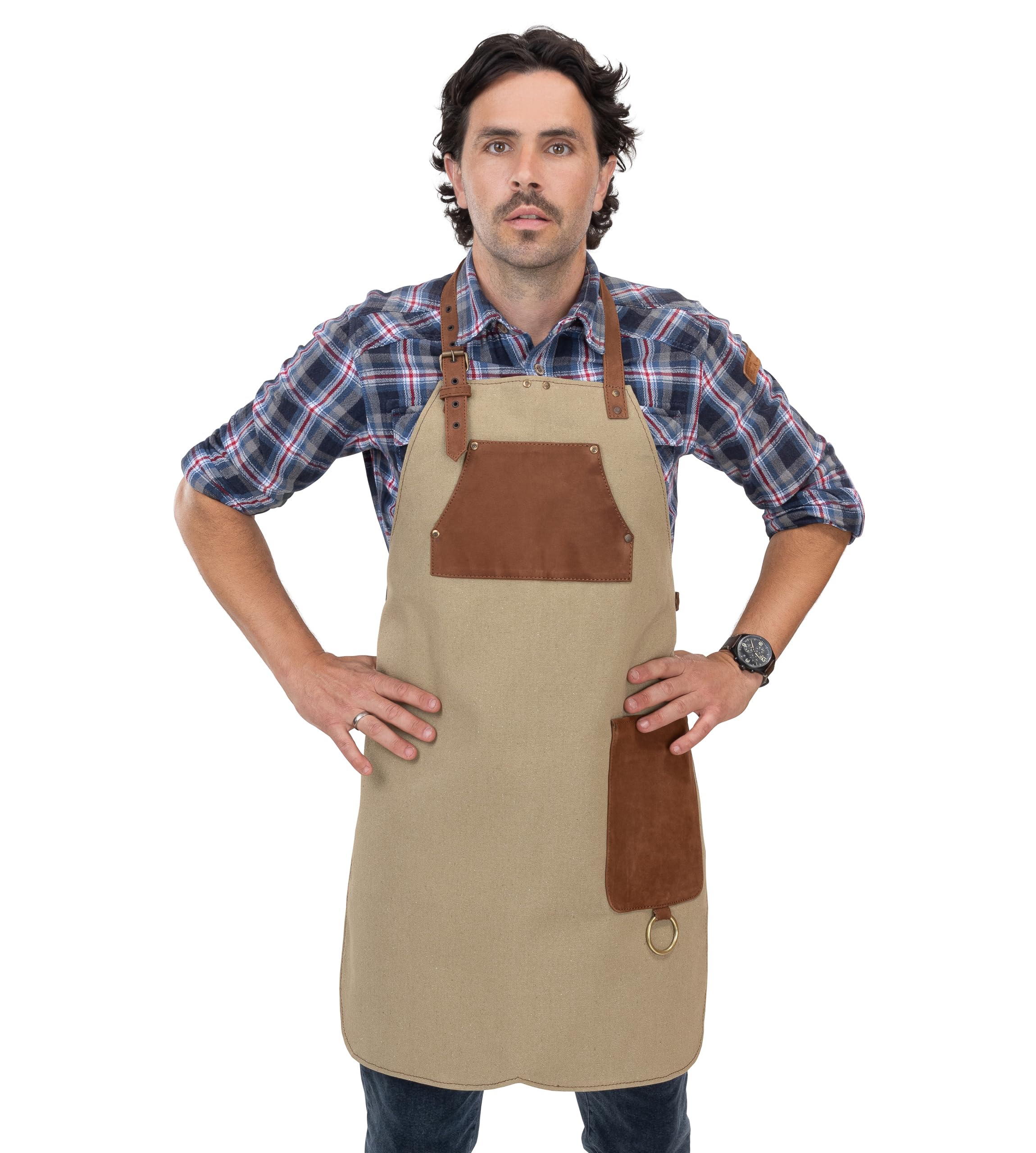 Hayden Tablier de cuisine, en toile de qualité supérieure et cuir véritable, réglable, avec sangle en cuir, pour cuisine, barbecue et barista, Toile beige, taille unique