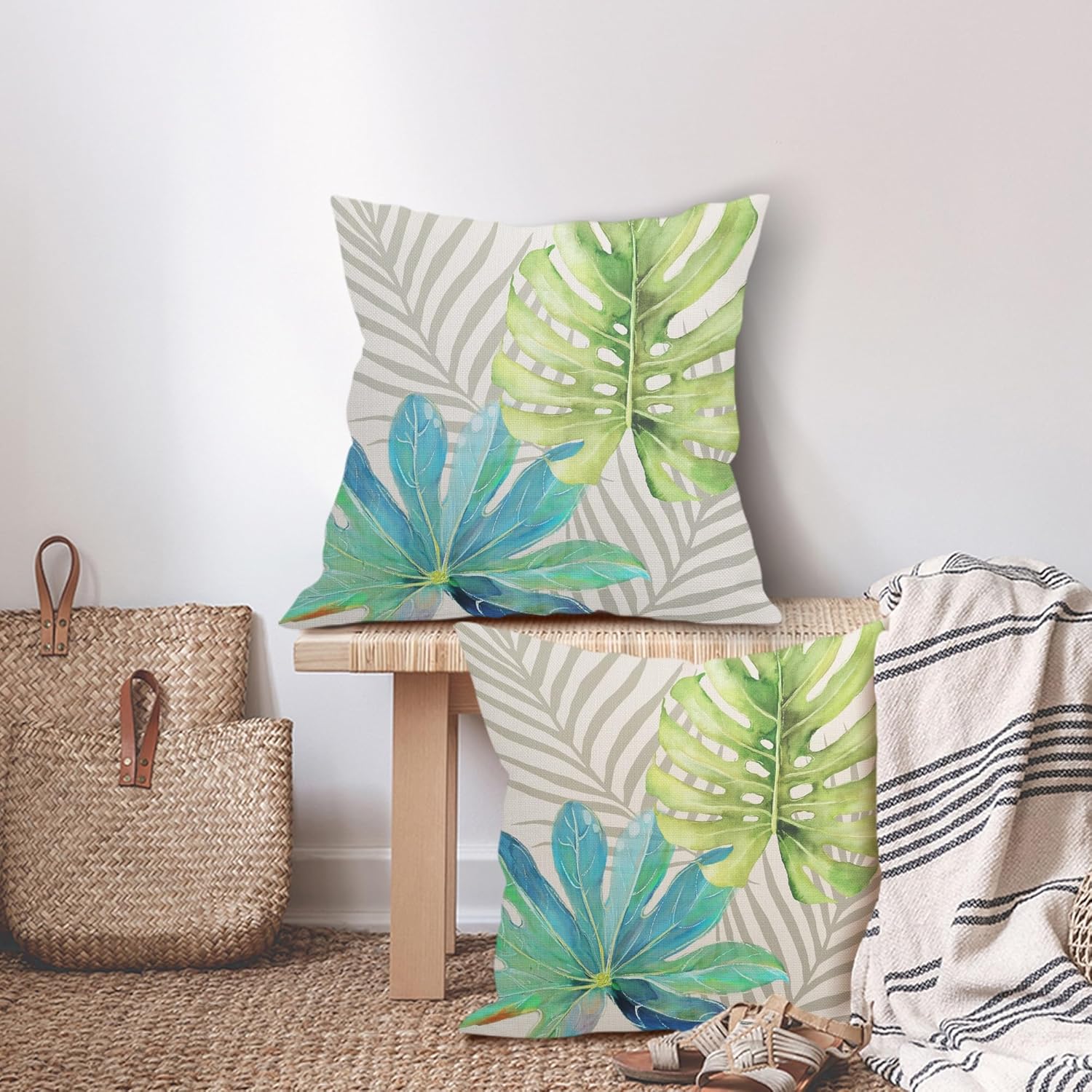 Teal Green Gray Tropical Leaves Pillow Covers 18X18 Inch Monstera Palm Leaf Plants Decorative Cotton Linen Summer Botanical Pillow Cases Set of 2 Farmhouse Home Decor For Sofa Couch Cushion Outdoor - Image 3