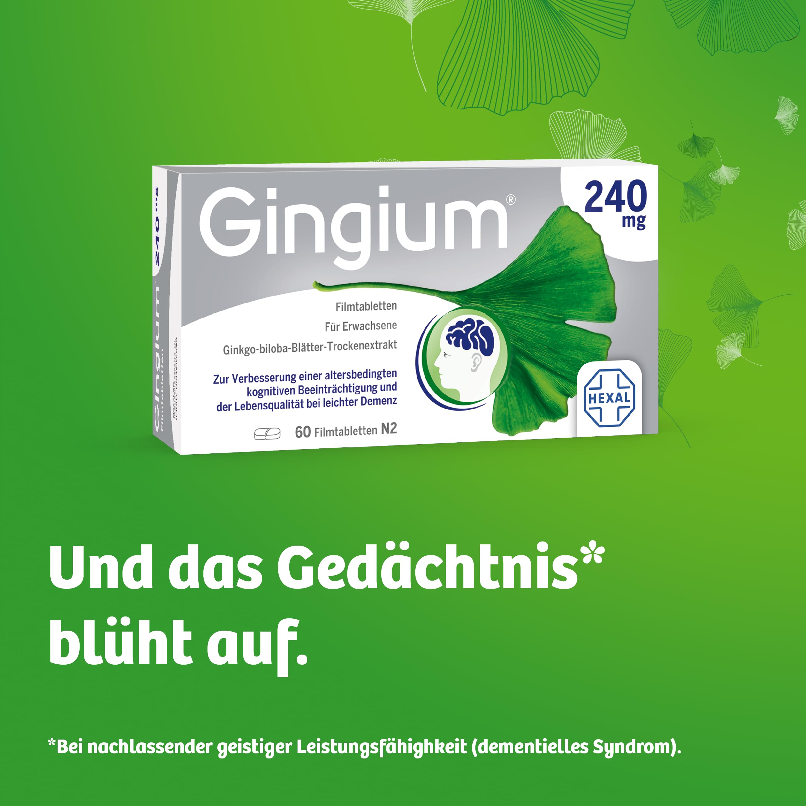 Gingium® 240 mg | Filmtabletten | Bei Vergesslichkeit* handeln | 120 Stk | Pflanzenkraft von Ginkgo biloba, ab 18 J. anwendbar | *bei nachlassender geistiger Leistungsfähigkeit (dementielles Syndrom)