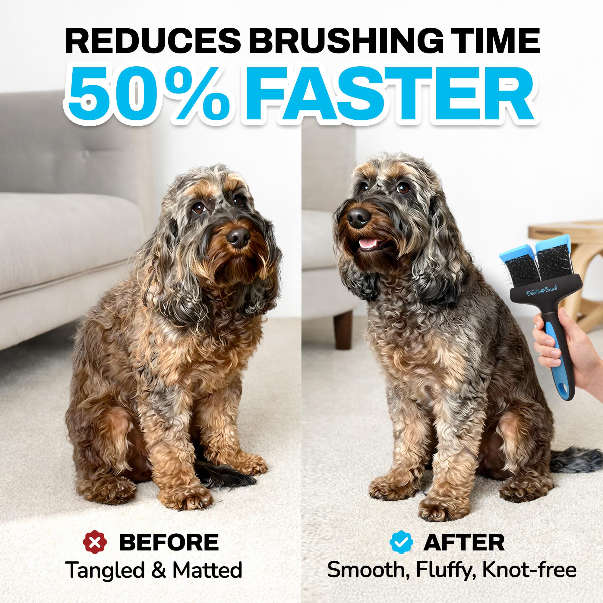 The Doodle Brush Brosse Lissante Double Tête pour Chiens Slicker | Démêle les Nœuds, Longues Épingles, Tête Flexible, Manche Ergonomique, Pour Doodles, Toilettage Quotidien