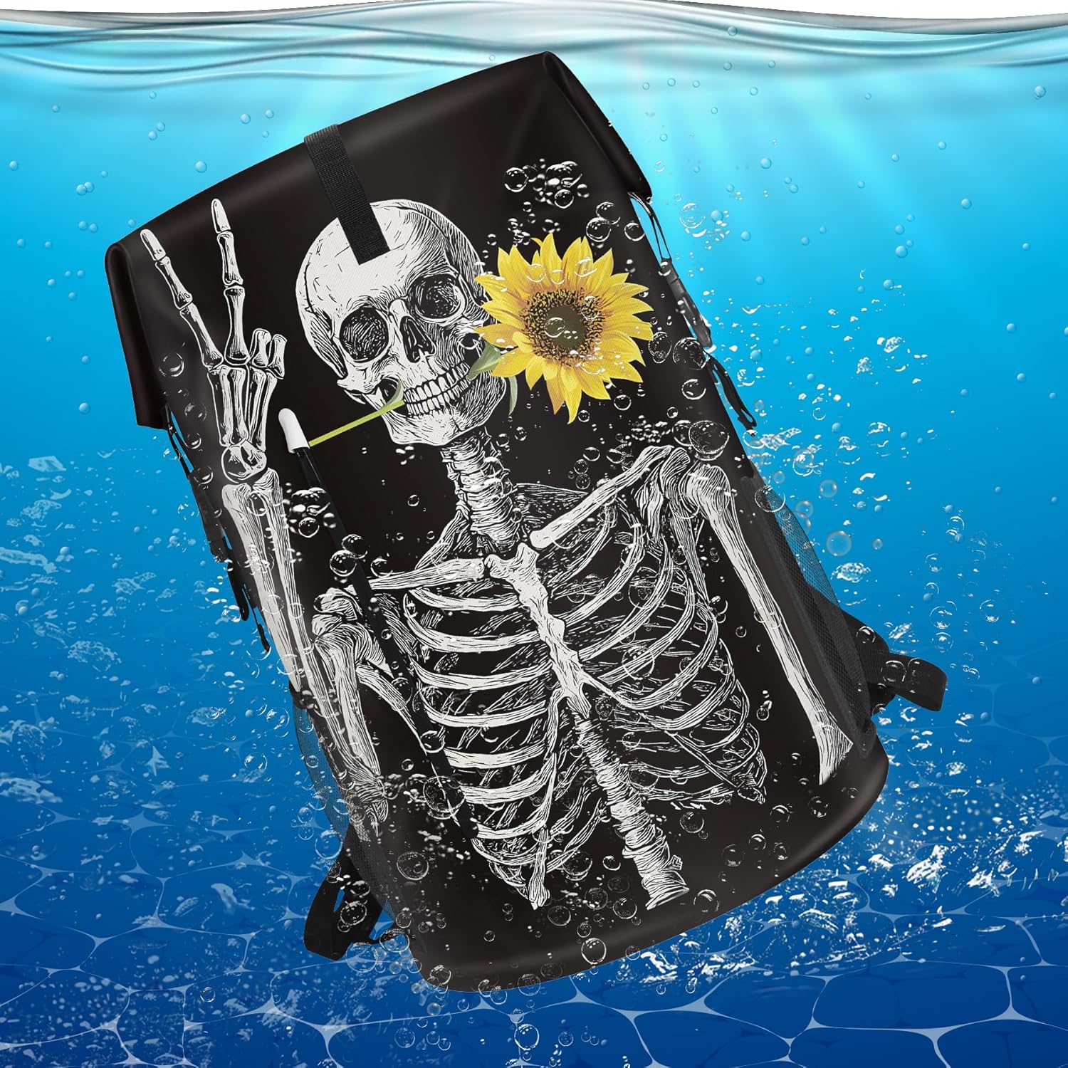 Waterproof Dry Bag Marine Dry Bags for Kayaking Hiking Skull Sunflower Black Backpack Roll-Top Closure Bag - Backpack Waterproof Phone Case 5L - Image 9
