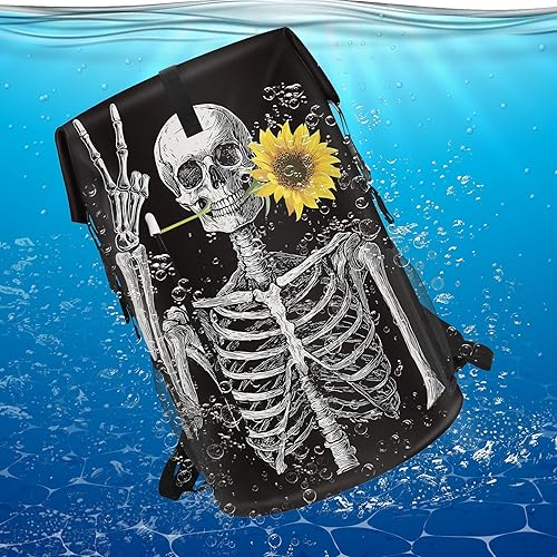 Miniatura 9 de Bolsa seca impermeable Bolsas secas marinas para kayak, senderismo, cráneo, girasol, mochila negra, bolsa de cierre enrollable - Mochila Funda