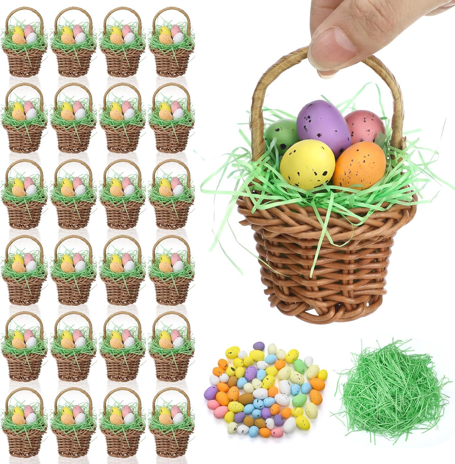 24 Pcs Mini Easter Eggs Basket Set Small Woven Wicker Baskets with Pastel Easter Eggs Green Raffia Grass Foam Speckled Egg Spring Decorations Party Favors