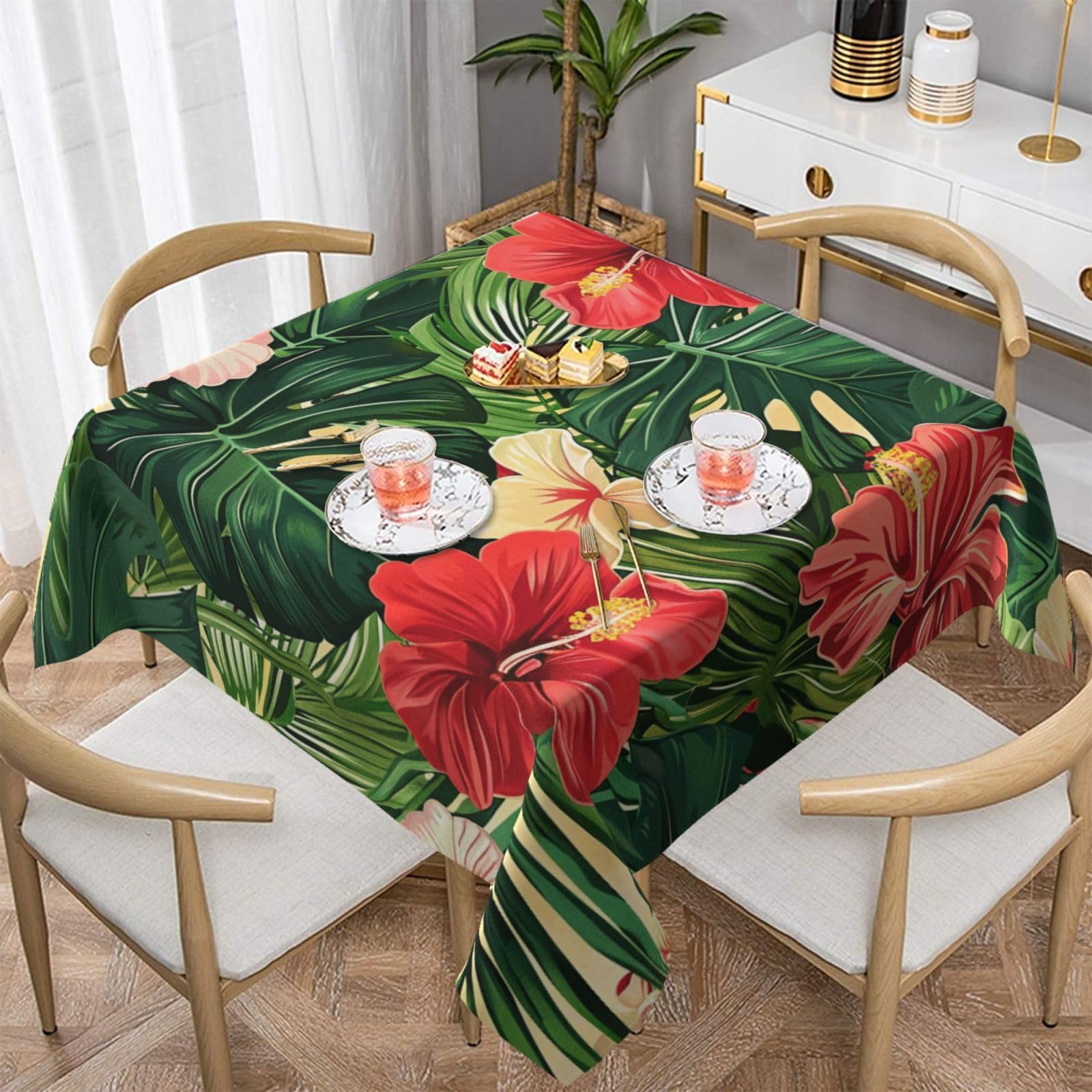 WPKJU Vegetation Leaves with Hibiscus Flowers Printed Square Tablecloth 60x60 inch Water Resistant Table Cover Washable Rectangle Table Cloth for Dining Tables
