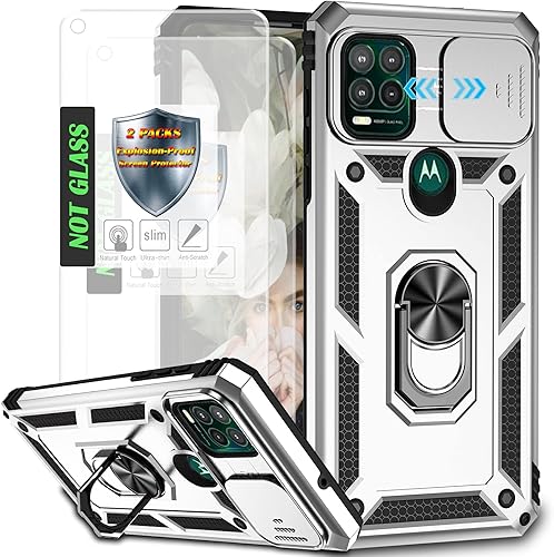 AYMECL Funda para Moto G Stylus 5G (2021) con cubierta deslizante para cámara y 2 paquetes Flim a prueba de explosiones, soporte de anillo giratorio