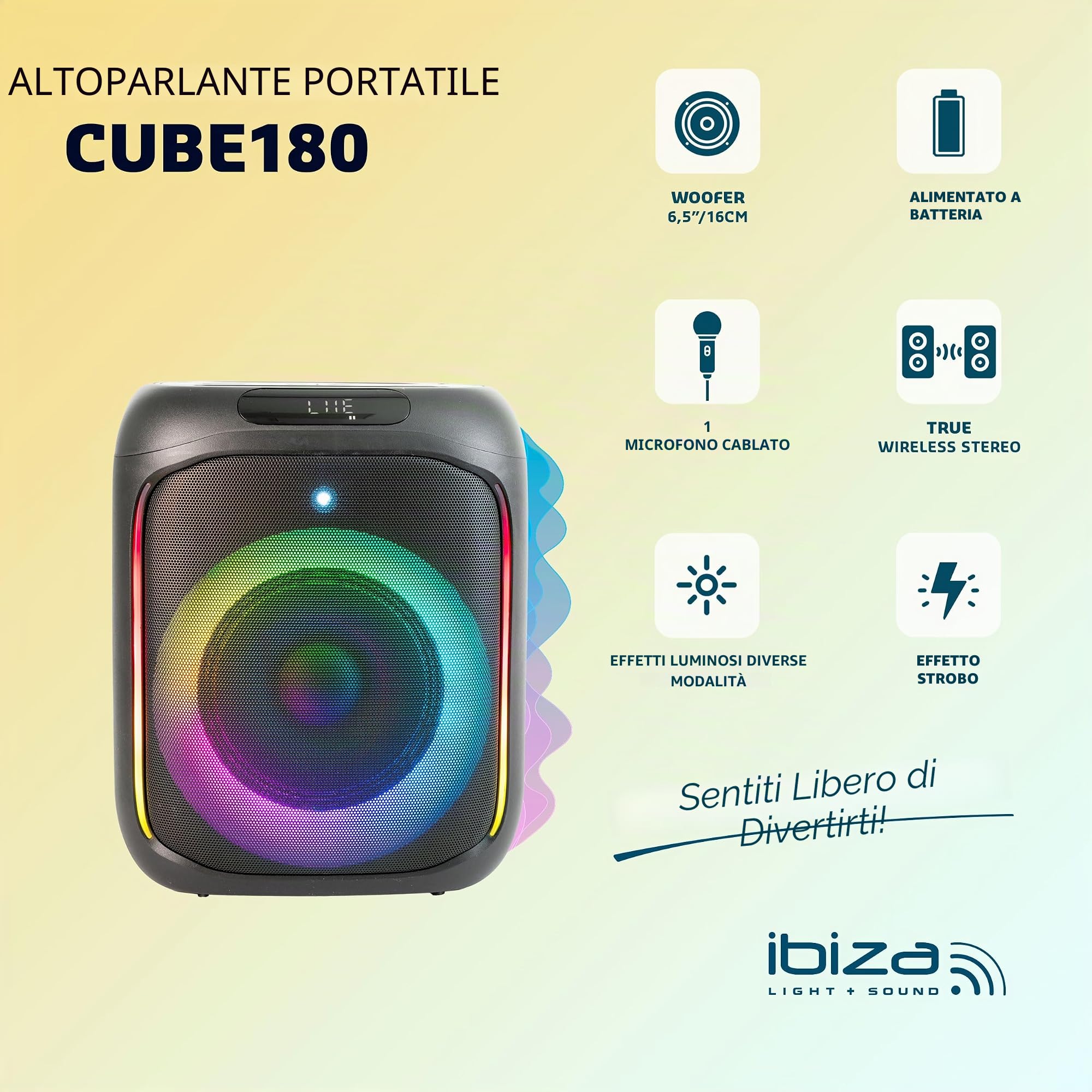 Ibiza - CUBE180 - Altoparlante a batteria da 180 W con microfono a filo ed effetto luce - Bluetooth, USB, MicroSD, TWS - Nero