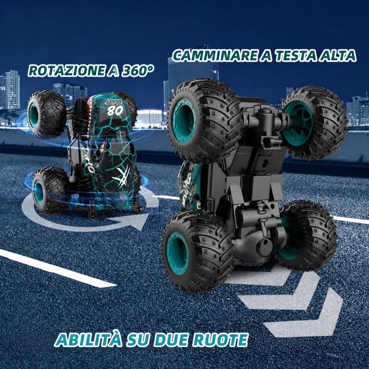 Macchina Telecomandata, 2.4GHZ Monster Truck Telecomandato, Macchina Telecomandata per Bambini con Luce LED, Musica, Camion Telecomandato Drift 360° Rotazione, Regalo Bambina Bambino 4 5 6 7 8 9 anni