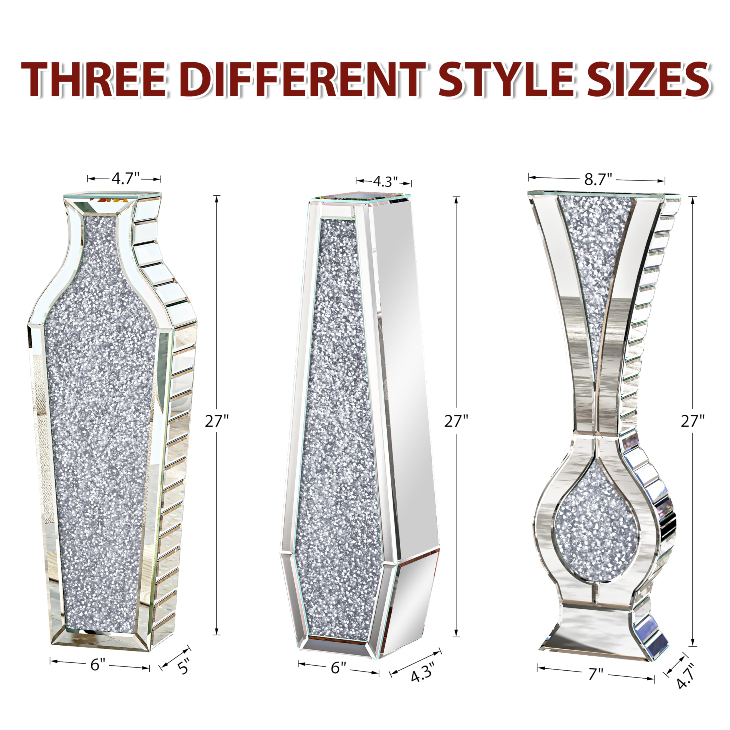 Jarrón grande de cristal de diamante triturado de 27 pulgadas de alto para decoración de sala de estar, jarrones grandes de vidrio