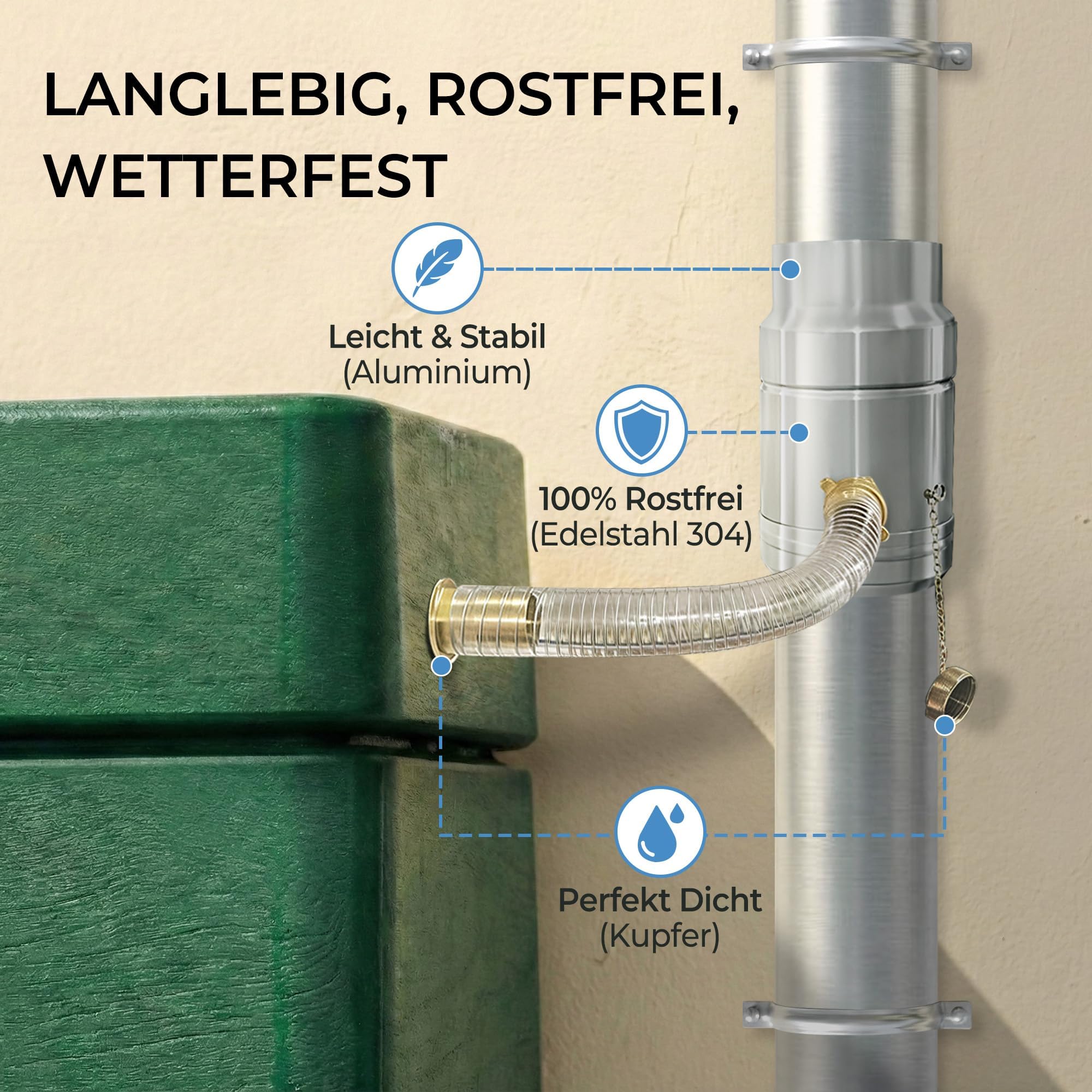 Kolektor deszczówki do rur spustowych 100 mm, Stali Nierdzewnej i Aluminium, Zbieranie wody deszczowej do rury spustowej DN100, z 45 cm Wężem i Złączem do Beczek, Konstrukcja Podwójnej Ściany