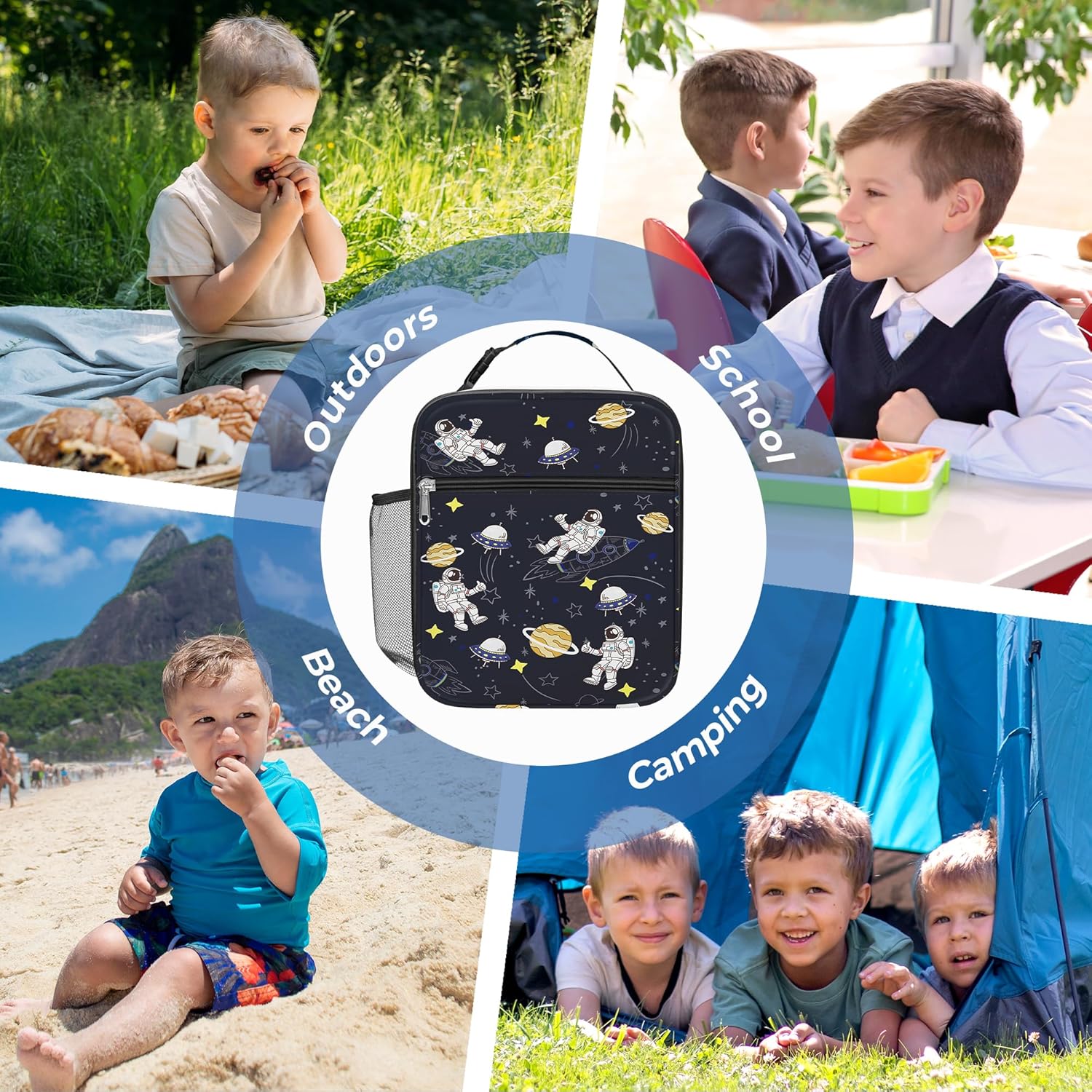 Clastyle Blue Astronauts Insulated Lunch Bag for Kids, Portable Large Thermal Cooler Lunch Bag for Boys, School Lunch Box Bag with Bottle Holder - Image 7