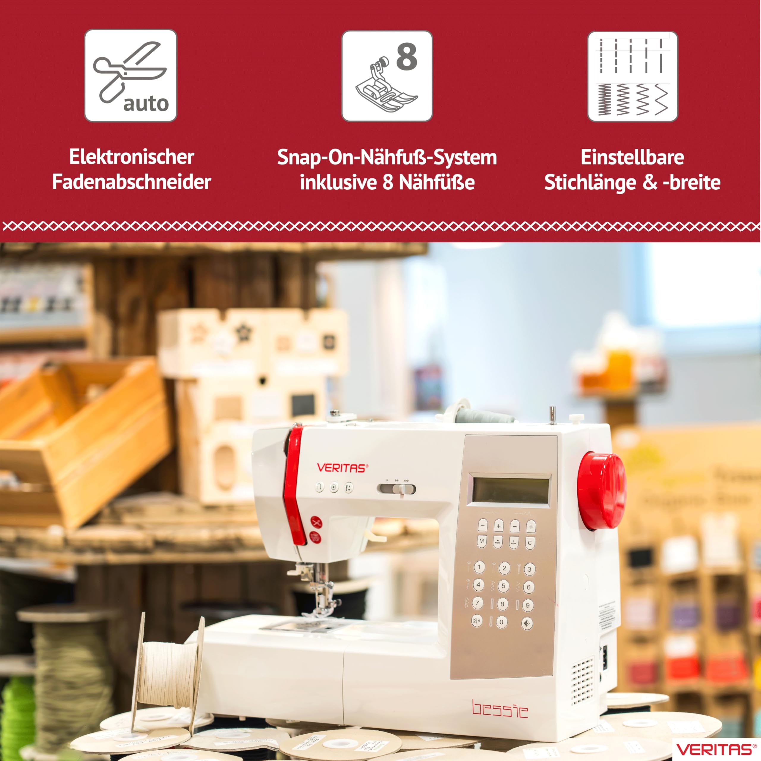 VERITAS Nähmaschine Bessie I Computer-Nähmaschine I 196 Programme inkl. Speicherfunktion I Stiche spiegeln I Auto-Fadenspannung & Einfädelhilfe I Fadenabschneider I LCD-Display & LED-Nählicht (weiß)