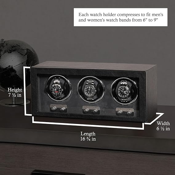 ROTHWELL Triple Watch Winder for Automatic Watches with Quiet Motor with Multiple Speeds and Rotation Settings (Black/Grey)