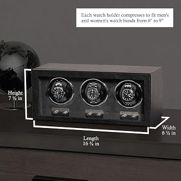 ROTHWELL Triple Watch Winder for Automatic Watches with Quiet Motor with Multiple Speeds and Rotation Settings (Black/Grey)
