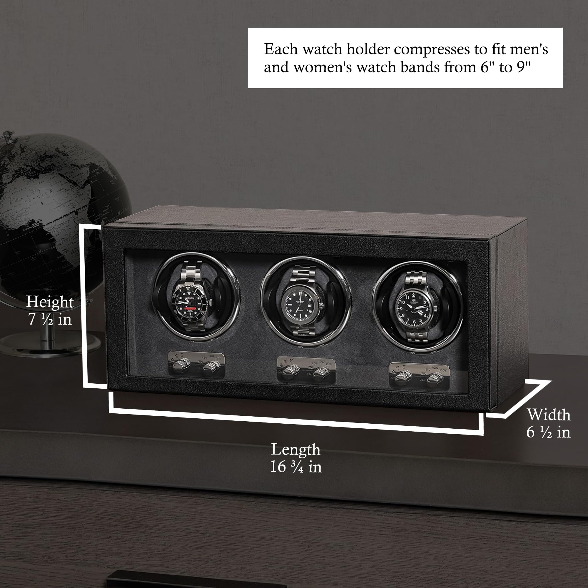 ROTHWELL Triple Watch Winder per orologi automatici con motore silenzioso con velocità multiple e impostazioni di rotazione (Nero/Grigio)