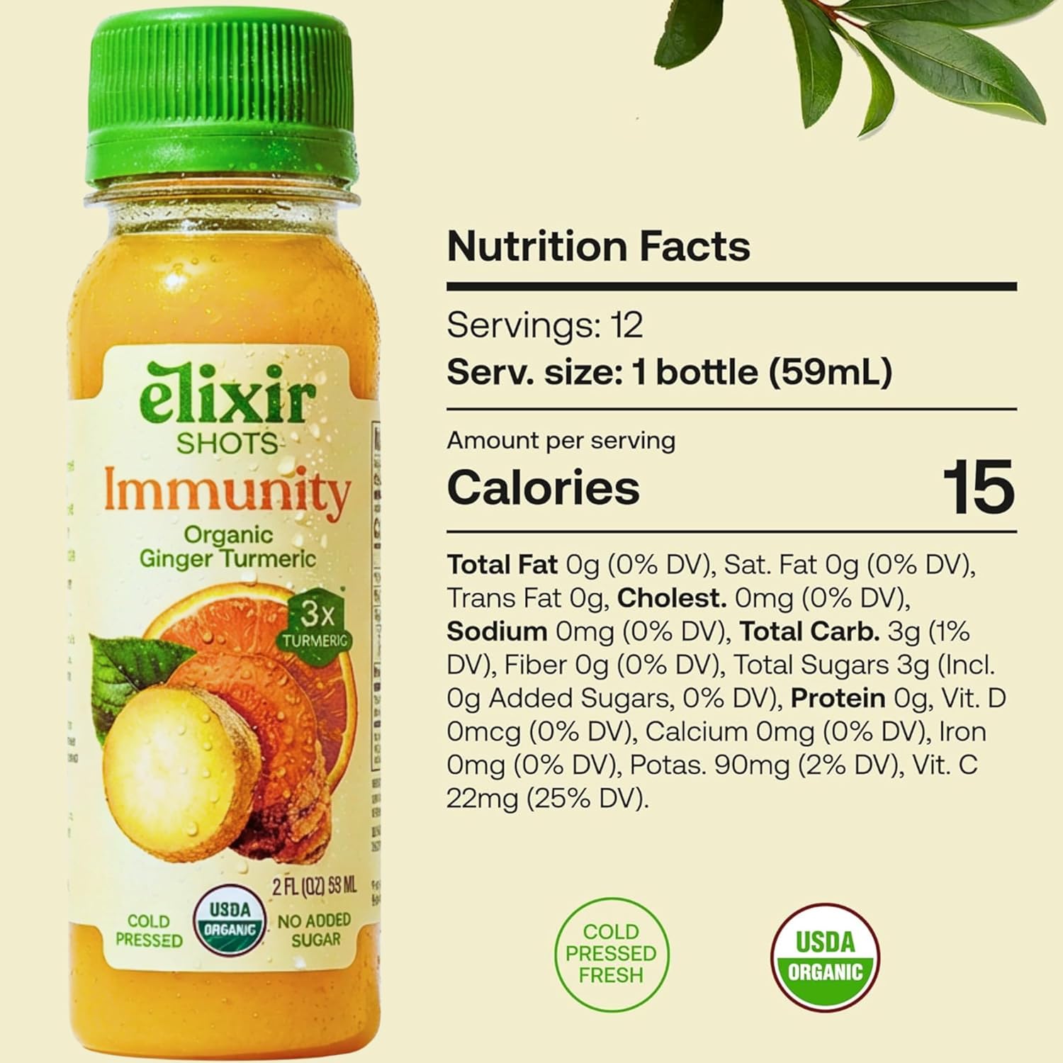 Elixir Shots, Immunity Daily Wellness Shot with Cold-Pressed Turmeric, Ginger, Lemon, Orange and Black Pepper, No Added Sugars or Artificial Ingredients, USDA Organic, 12-pack