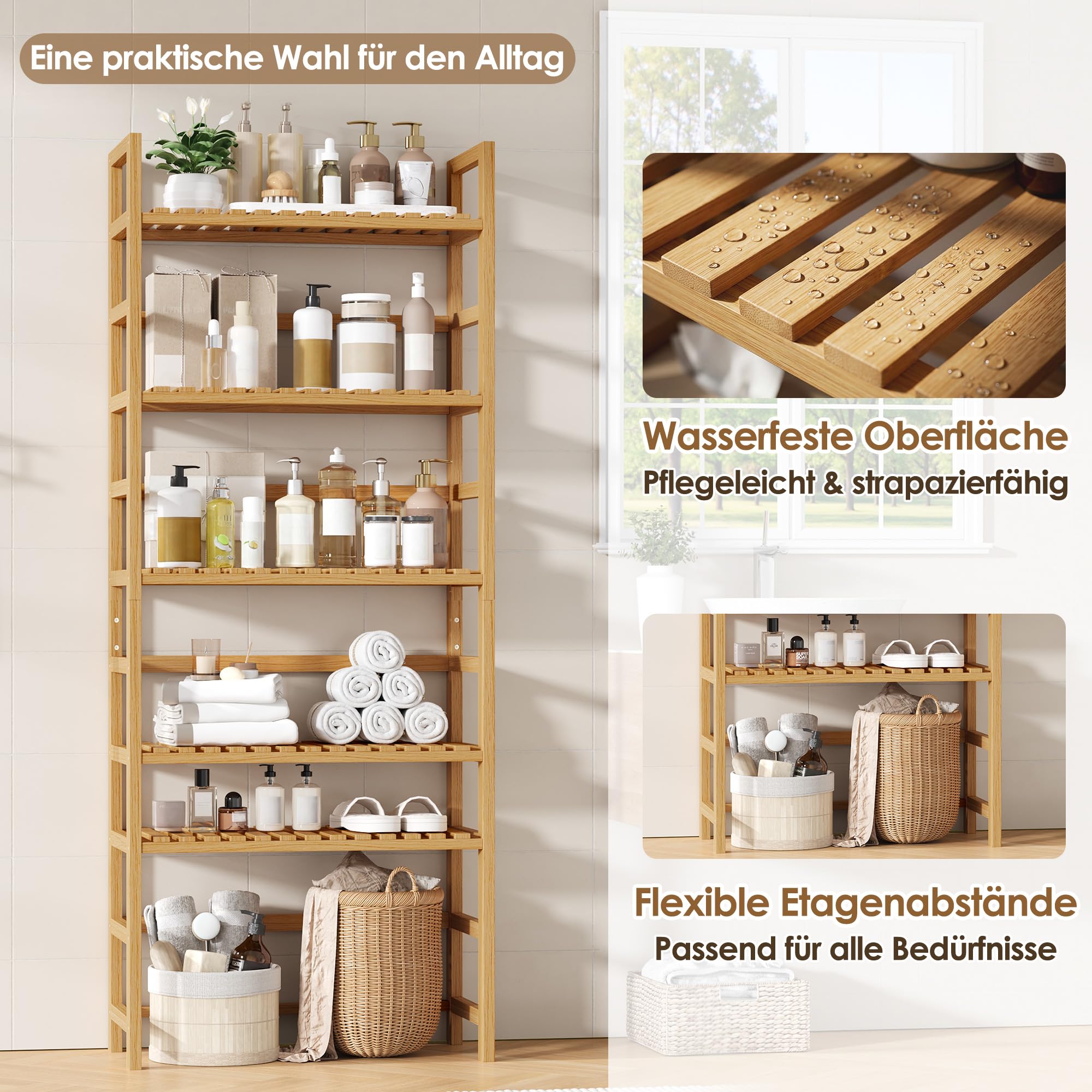FOREHILL Badregal aus Bambus, Küchenregal mit 6 Ablagen, Badezimmer Regal | Badregal mit verstellbare Regalhöhe, Standregal, Badezimmer Regal stehend, schmal Bambusregal 161x60x26 cm Natur