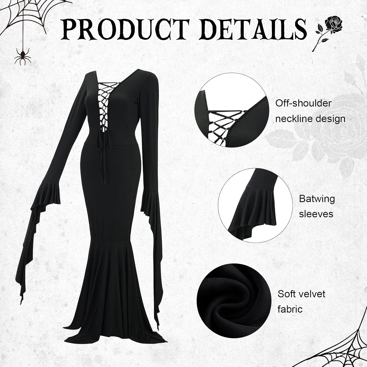 Halloween Costumes Morticia Addams Vintage Gothic Black Long Dress Outfit Women Wig Red Roses Flowers Necklace - Image 6