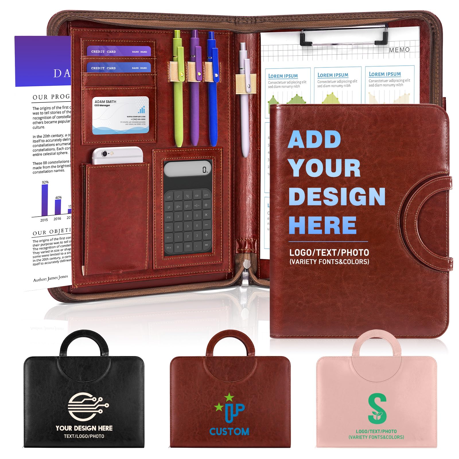 ENOMY Professional A4 Zipped Portfolio with Carry Handle Waterproof PU Leather Conference Folder Secure Document Holder Custom Personalised Business File Organiser Gift Brown