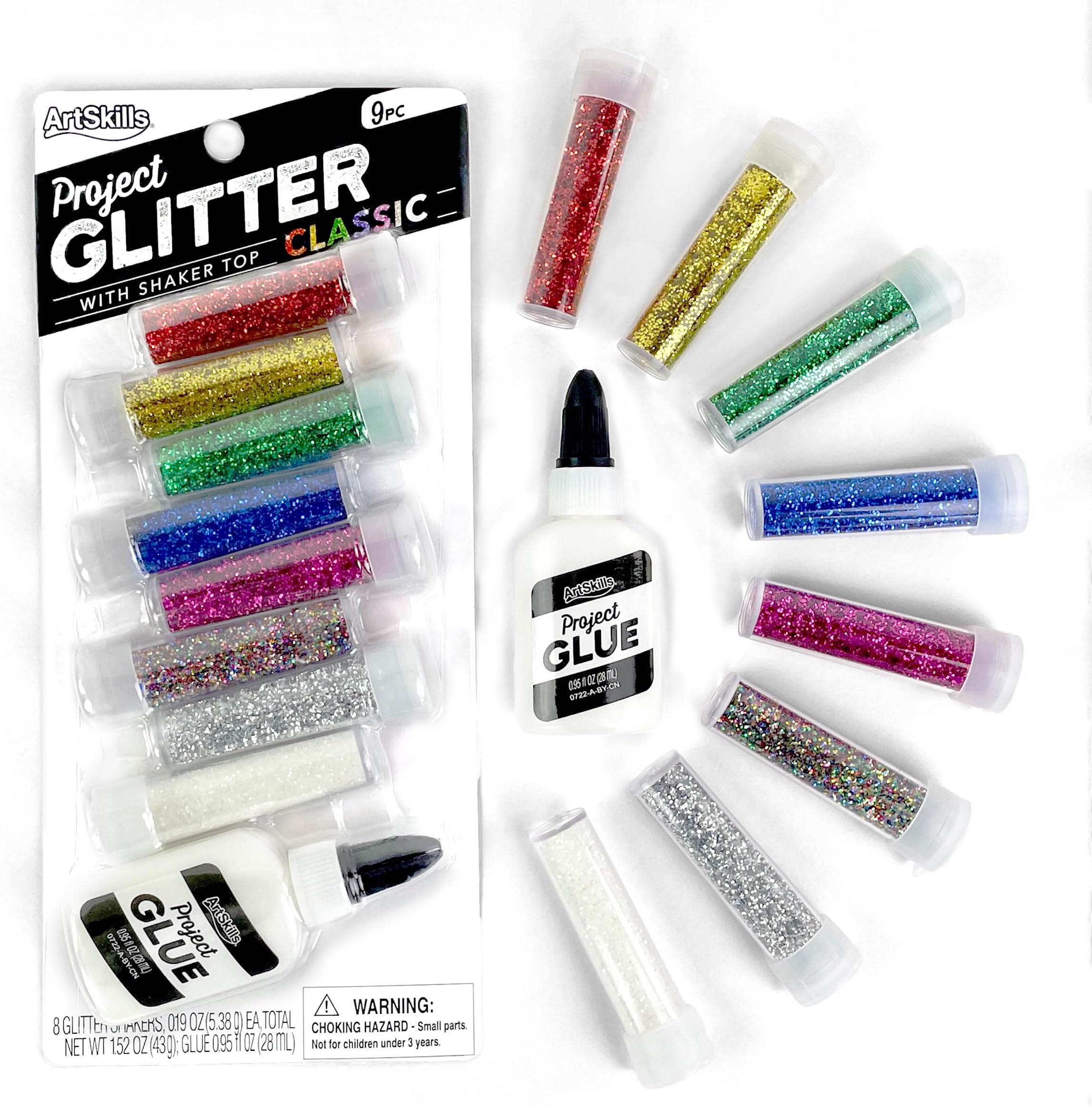 ArtSkills Ultra-Fine and Bright Glitter Shakers and Craft Glue, Arts and Crafts Supplies, Classic Colors, 9 Pieces