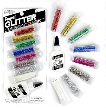 ArtSkills Ultra-Fine and Bright Glitter Shakers and Craft Glue, Arts and Crafts Supplies, Classic Colors, 9 Pieces
