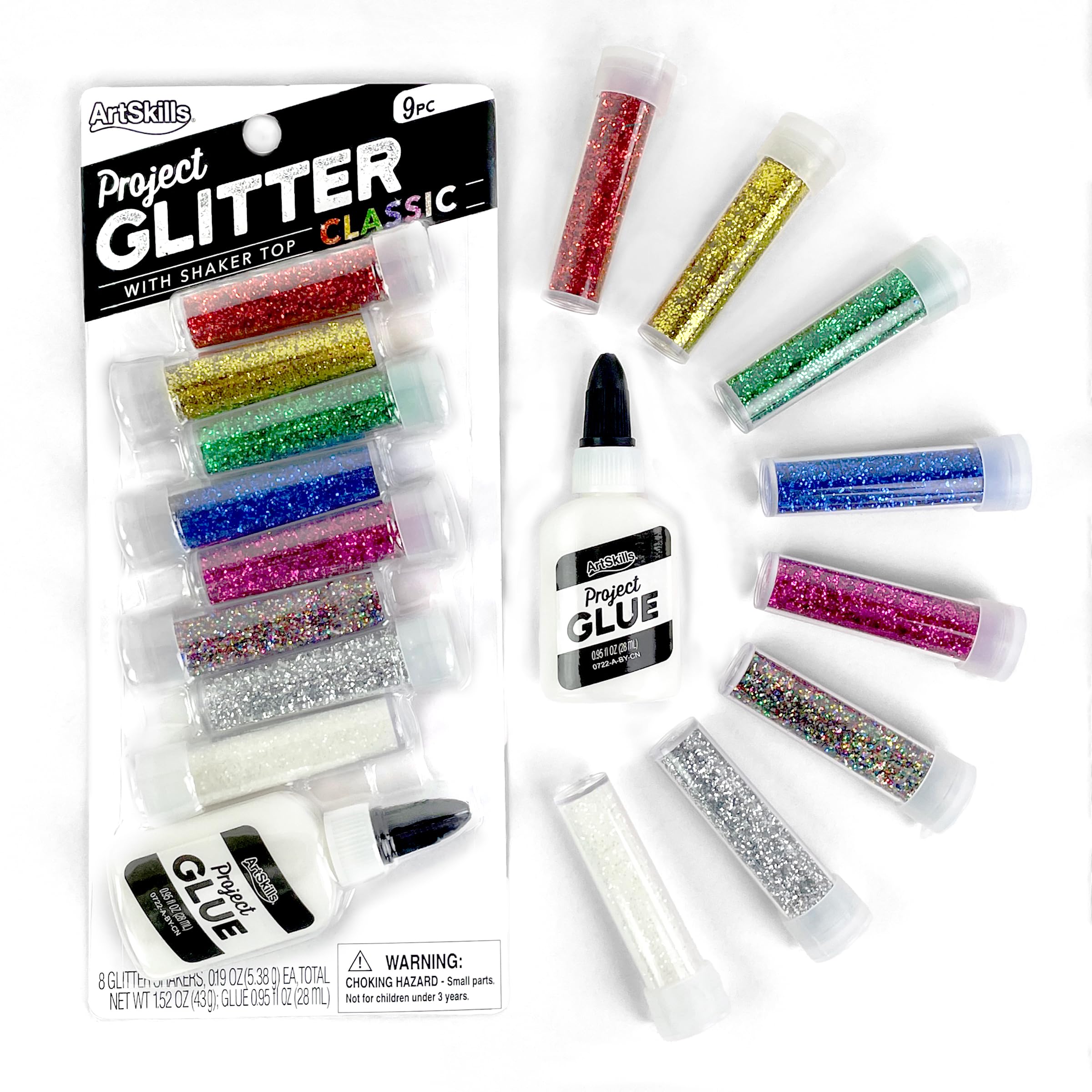 ArtSkills Ultra-Fine and Bright Glitter Shakers and Craft Glue, Arts and Crafts Supplies, Classic Colors, 9 Pieces
