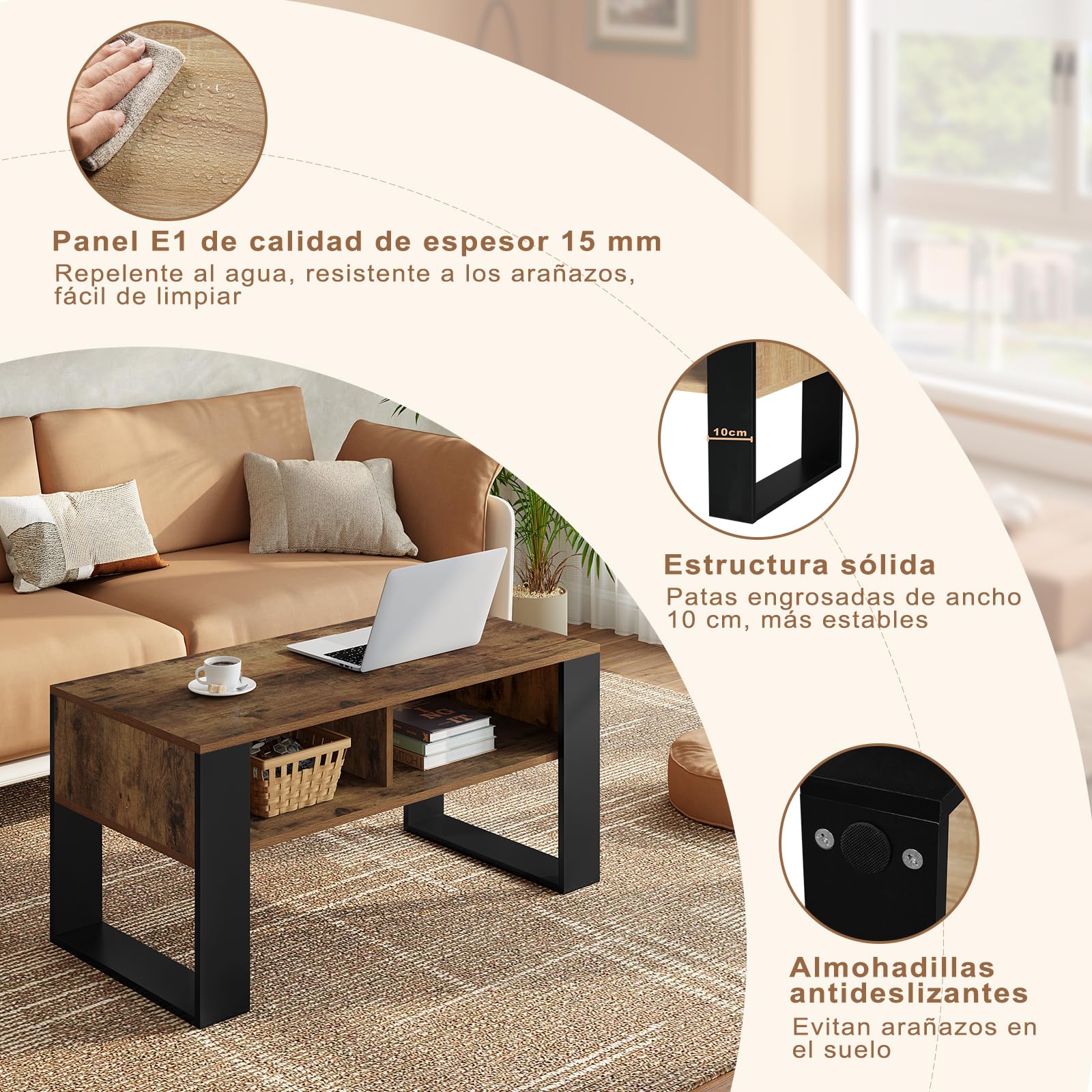 WOLTU Mesa de Centro, Mesita de Sofa con Comportamientos, Mesa Auxiliar con 2 Niveles, para Salon Balcon y Cafeteria, Marrón Rústico+Negro, 90x45x45cm, BTS16hov