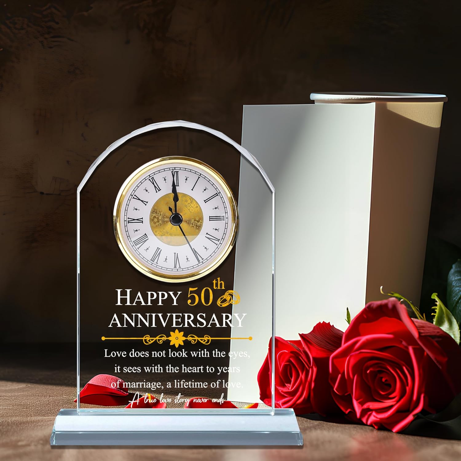 Best 50th Wedding Anniversary Glass Clock Gift for Parents, 50 Years of Marriage Quartz Gift for Couple, Happy Golden Anniversary Decoration for Husband Wife
