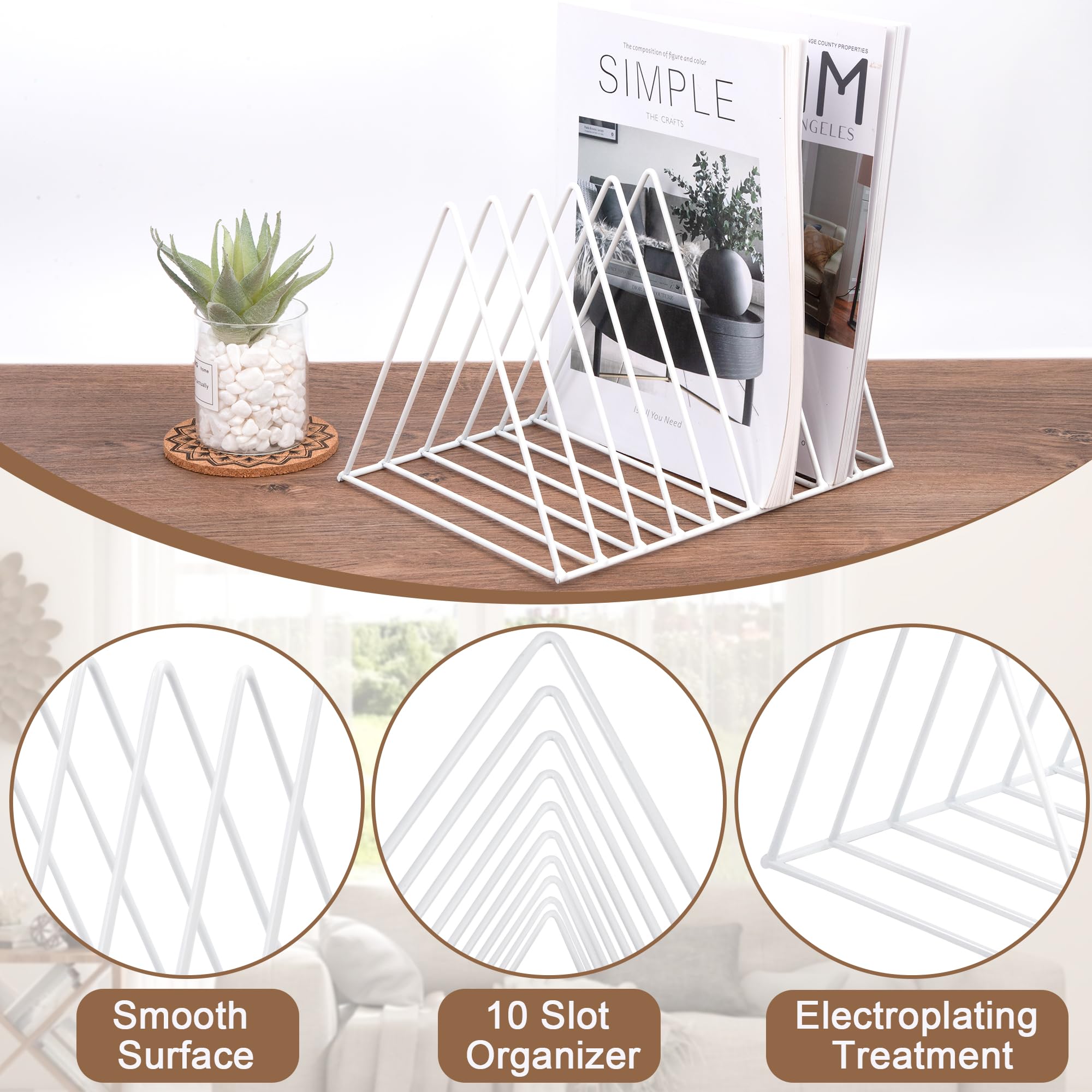 Portariviste Metallo, Porta Giornali, Scrivania Scaffale per Libri Triangolo File Organizer Supporto Rack Decor per Scaffali, Ufficio, Scuola, Biblioteca, Casa, Scuola (Bianco)