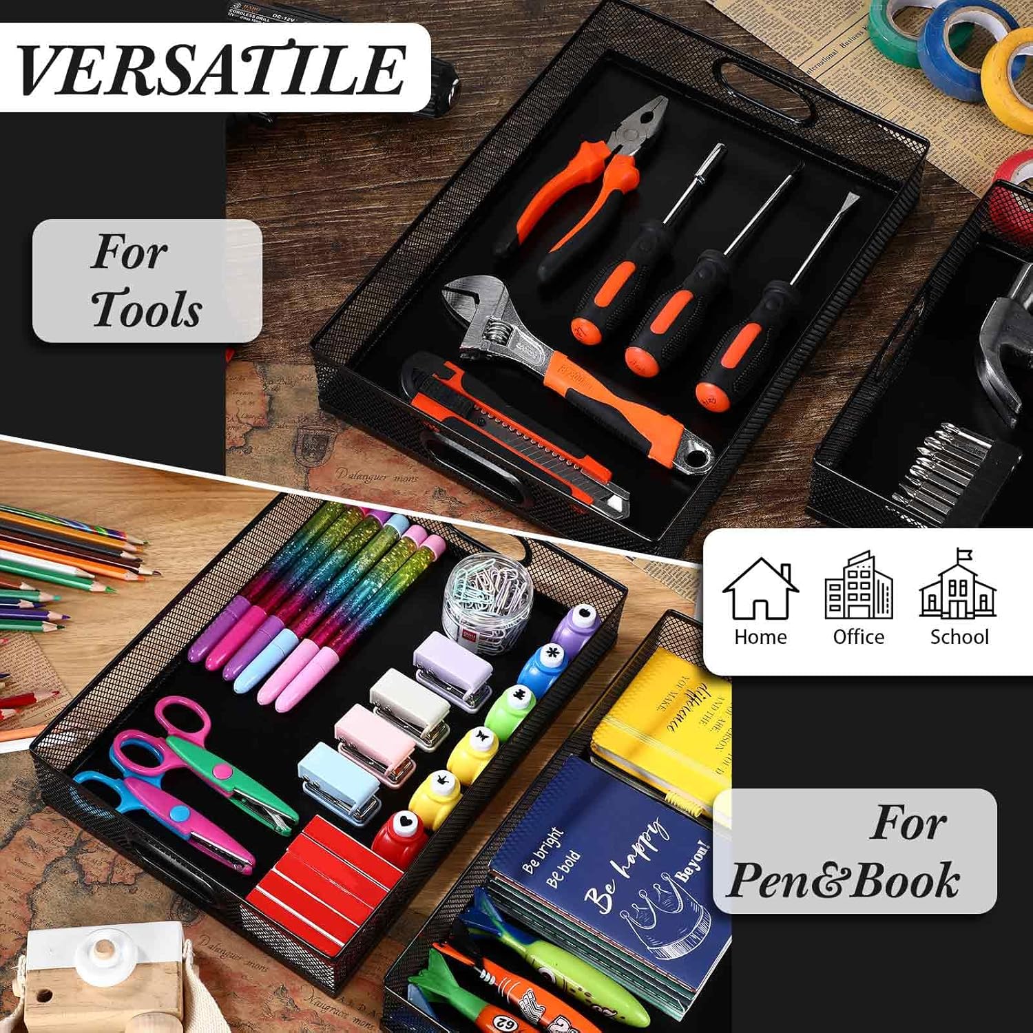 Tandefio 3 Pcs Desk Drawer Organizer Bulk Metal Mesh Trays A4 Large Desktop Storage Box Portable Wire File Basket with Handle for Office Supplies Craft Magazine Paper 12.87" x 9" x 2.4"(Black) - Image 4