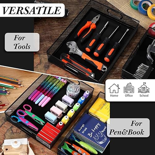 Miniatura 4 de Tandefio Bandeja organizadora de cajones de escritorio de 3 piezas, de malla metálica, caja de almacenamiento de archivos con asa, cesta de