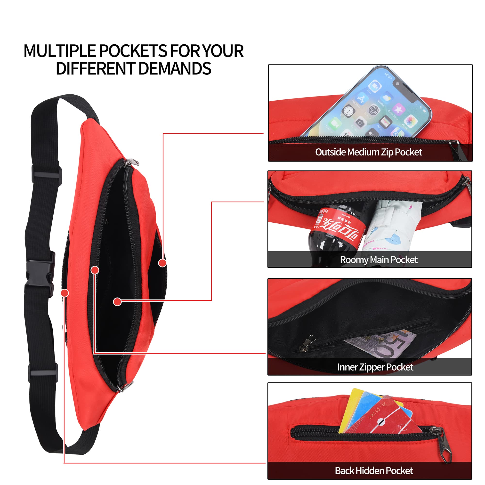 Lightweight Bumbags Waist Fanny Pack Water Resistant Bumbag with Multiple Pockets Suitable for Women Men Travel Daily Use Outdoor Sports (Red) - Image 2