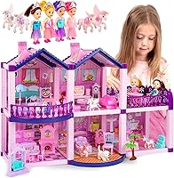 Tomleon Princess Unicorn Dollhouse for Girls 2-7: Pink Purple 5-Room Dream House with 4 Princesses, 4 Unicorns, Dog, Furniture & Accessories