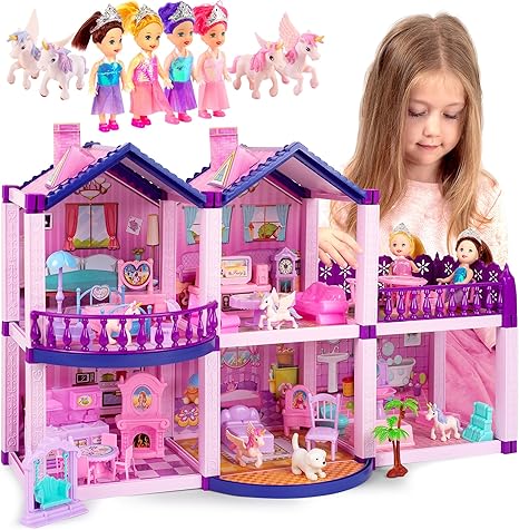 Dollhouse with 4 Princesses, 4 Unicorns, Dog, Furniture and Accessories - Pink and Purple Dream Doll House Toy for Little Girls - 5 Rooms w/Garden, Furniture and Accessories, Gift for Girls Ages 2-7