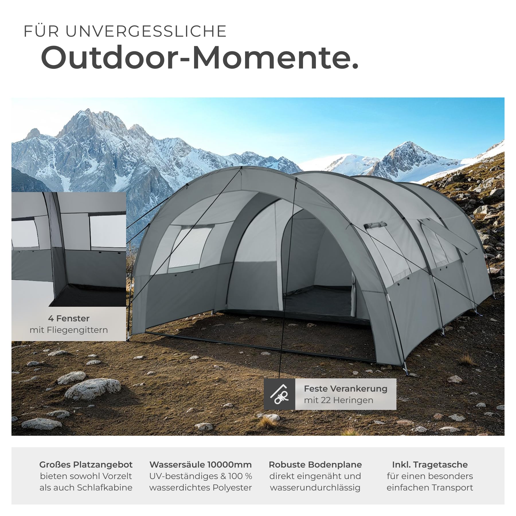 tectake® Tunnelzelt, 6 Personen, Familienzelt, Zelt groß mit Vorzelt und Bodenplane, UV-Schutz, Camping Zelt inkl. Tragetasche, 350 x 480 x 195 cm - dunkelgrau/hellgrau