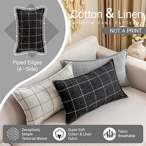 Miniatura 9 de CARRIE HOME Juego de 2 fundas de almohada lumbares a cuadros bohemios de 12 x 20 pulgadas, color crema y negro, decoración moderna de granja para