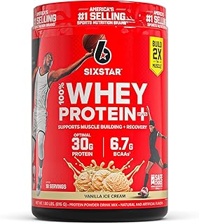 Six Star Whey Protein Powder Plus - Fórmula de construcción muscular y recuperación con polvo aislado de suero de leche, BCAAs, 1.06 oz de proteína, apoyo inmunológico - Suplemento post-entrenamiento - Crema de vainilla, 1.8 libras