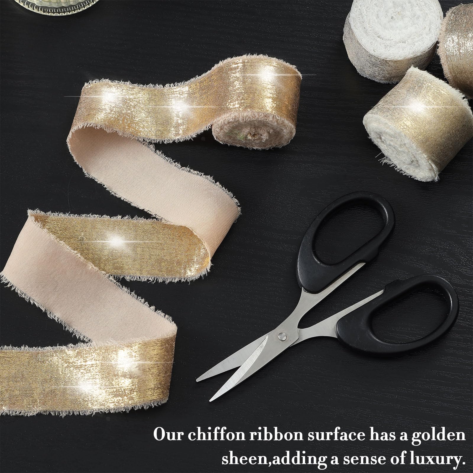 Pretty Jolly Champagne Chiffon Ribbon for Gift Wrapping Handmade Frayed Silk Ribbon for Flower Bouquet Shimmery Gold Fringe Ribbon 1 Inch x 5 Yard 4 Rolls for Hair,Wedding Invitations,DIY Crafts - Image 4