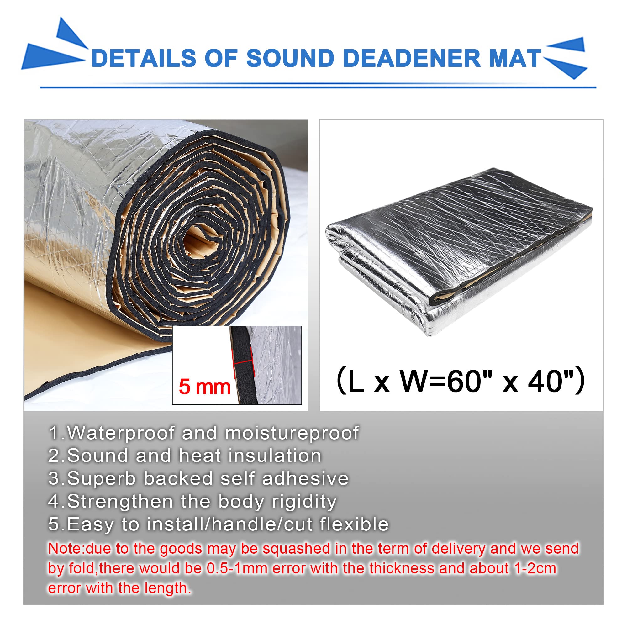 sourcing map 1.52㎡ 5mm Aluminio Auto Sonido Aislamiento Alfombrilla Aislante Térmico Acústico Insonorización con Rodillo Empuje Herramienta 5mmx152x100cm