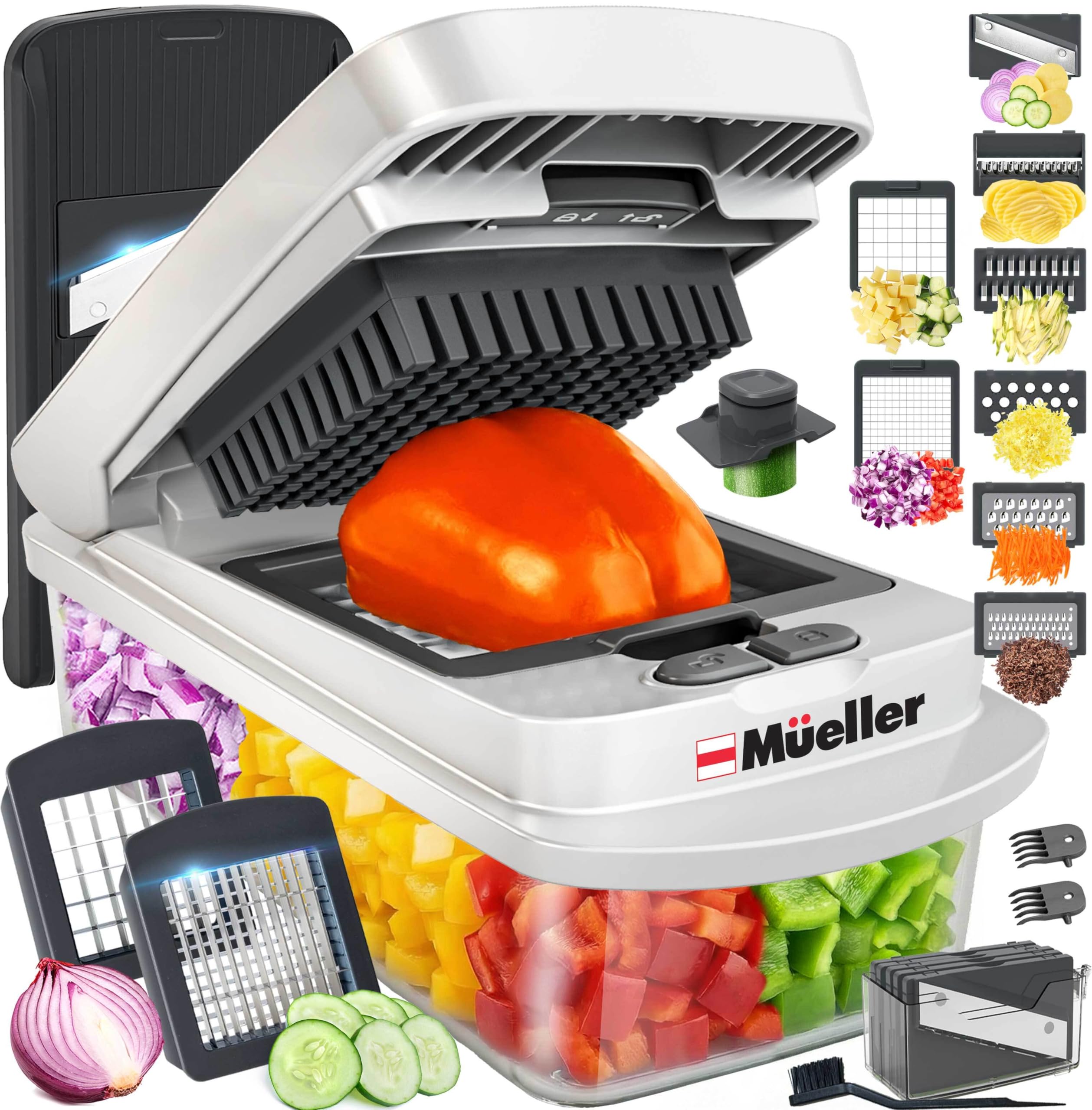 Mueller Pro-Series 10-in-1, 8 Blade Vegetable Chopper, Onion Mincer, Cutter, Dicer, Egg Slicer with Container, French Fry Cutter Potatoe Slicer, Home Essentials & Kitchen Gadgets, Salad Chopper