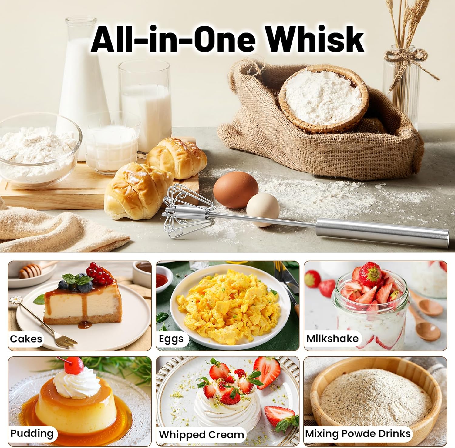 2026 Upgraded Semi-Automatic Stainless Steel Egg Beater – Hand Push Whisk for Baking, Cooking & Stirring – Perfect for Whisking Eggs, Batters & Creams – Effortless Mixing for Quick, Smooth (12in) - Image 4