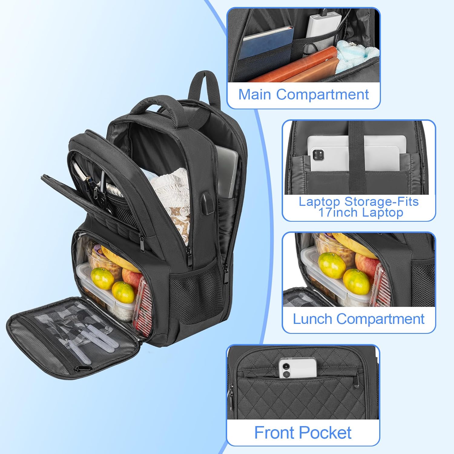 ANILD Lunch Backpack, 17 Inch Laptop Backpack with Insulated Cooler Compartment for Men Women, Travel Work Computer Backpack - Image 4