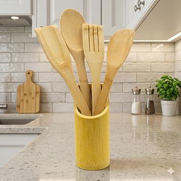 Doğal Bambu 5 Parça Mutfak Servis Seti - Ahşap Spatula, Kaşık, Servis Çatalı ve Tezgah Üstü Kaşıklık Standı - Isıya Dayanıklı, Yapışmaz Tava Dostu Mutfak Gereçleri Seti
