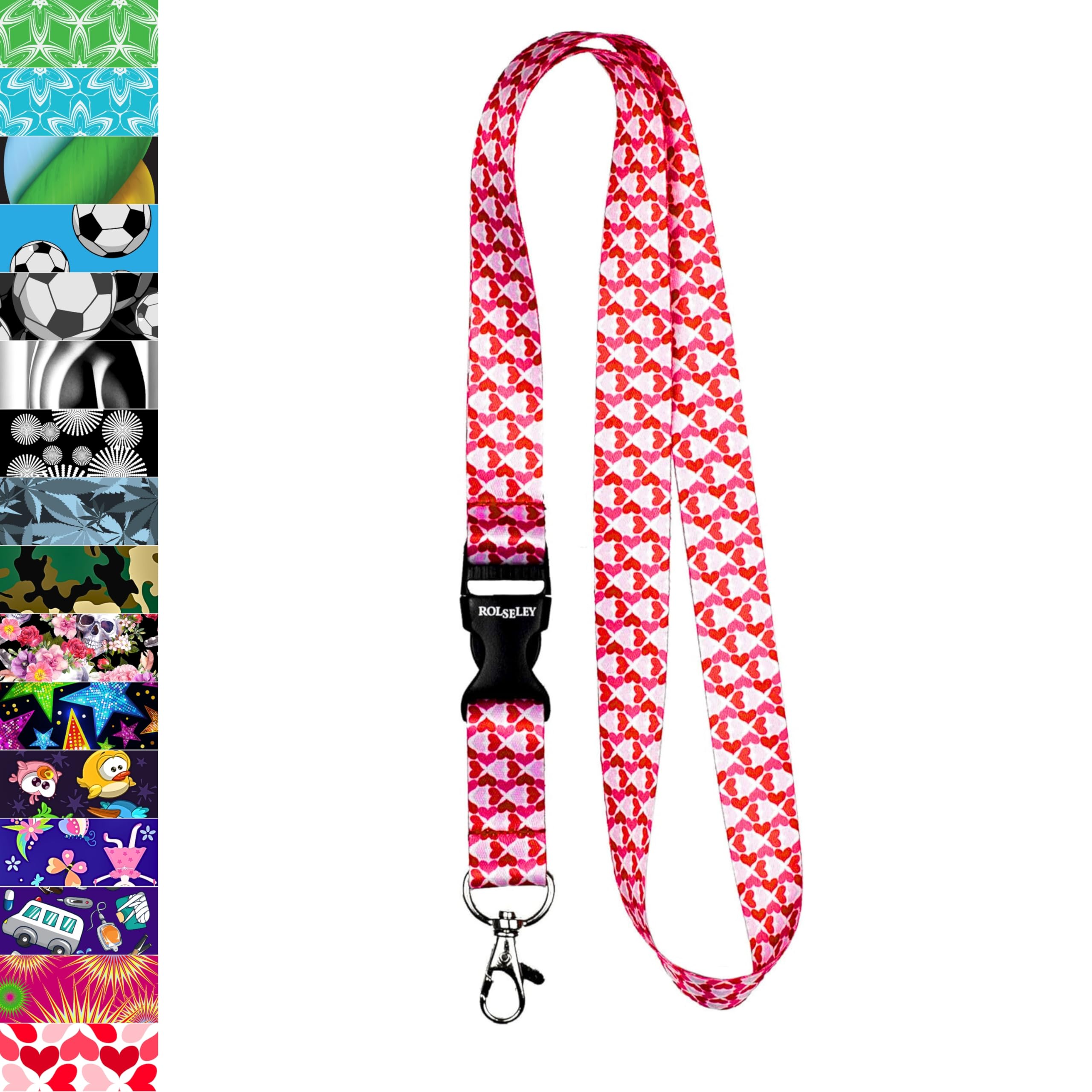 ROLSELEY Lanyard neck strap with HEARTS - PINK for id badge holder with metal clip