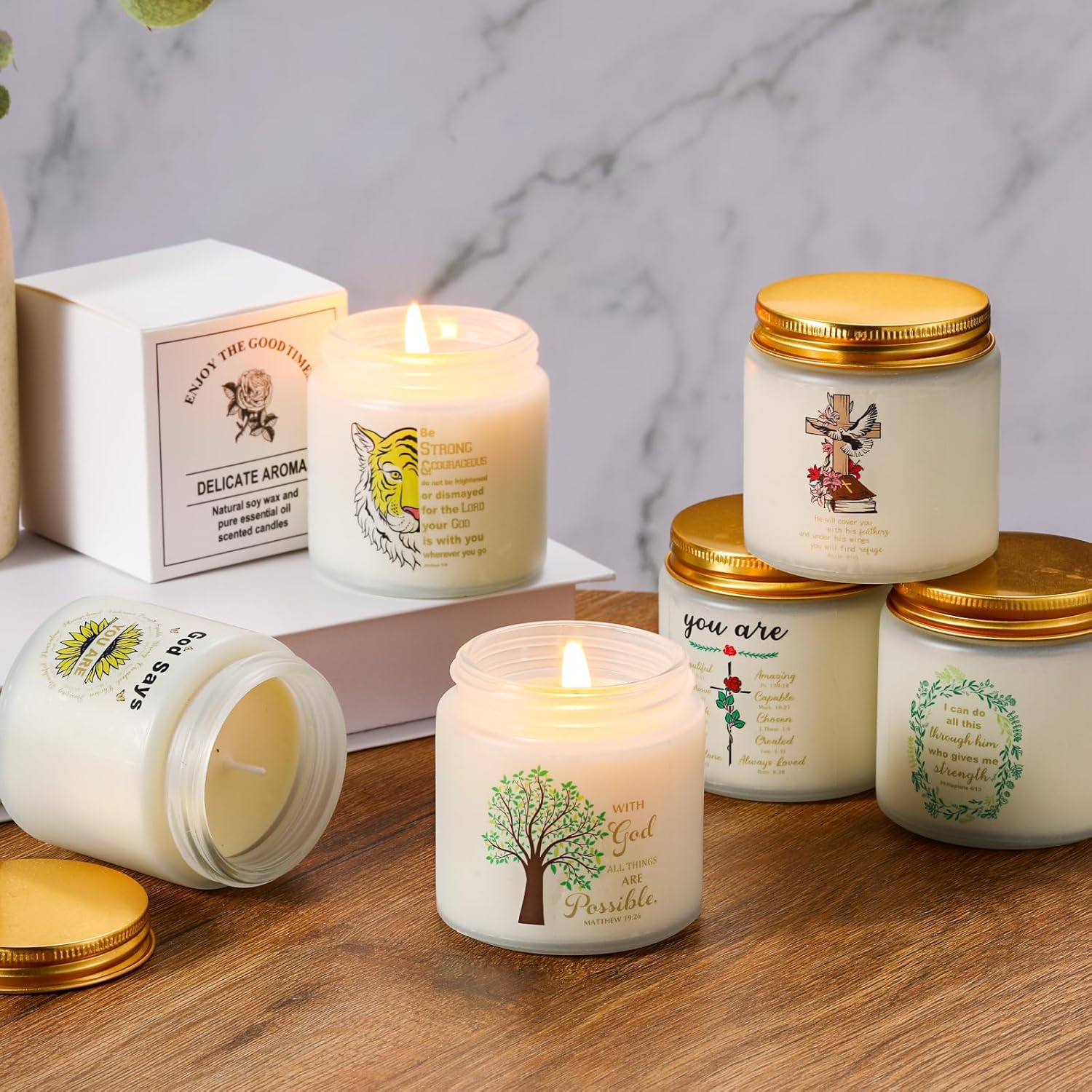 6 Pcs Christian Religious Scented Candles 3.5oz Palm Wax Jar Candles Inspirational Bible Verse Candles for Women Prayer Candles Christian Faith Gifts for Women Teens Girls, 6 Scents