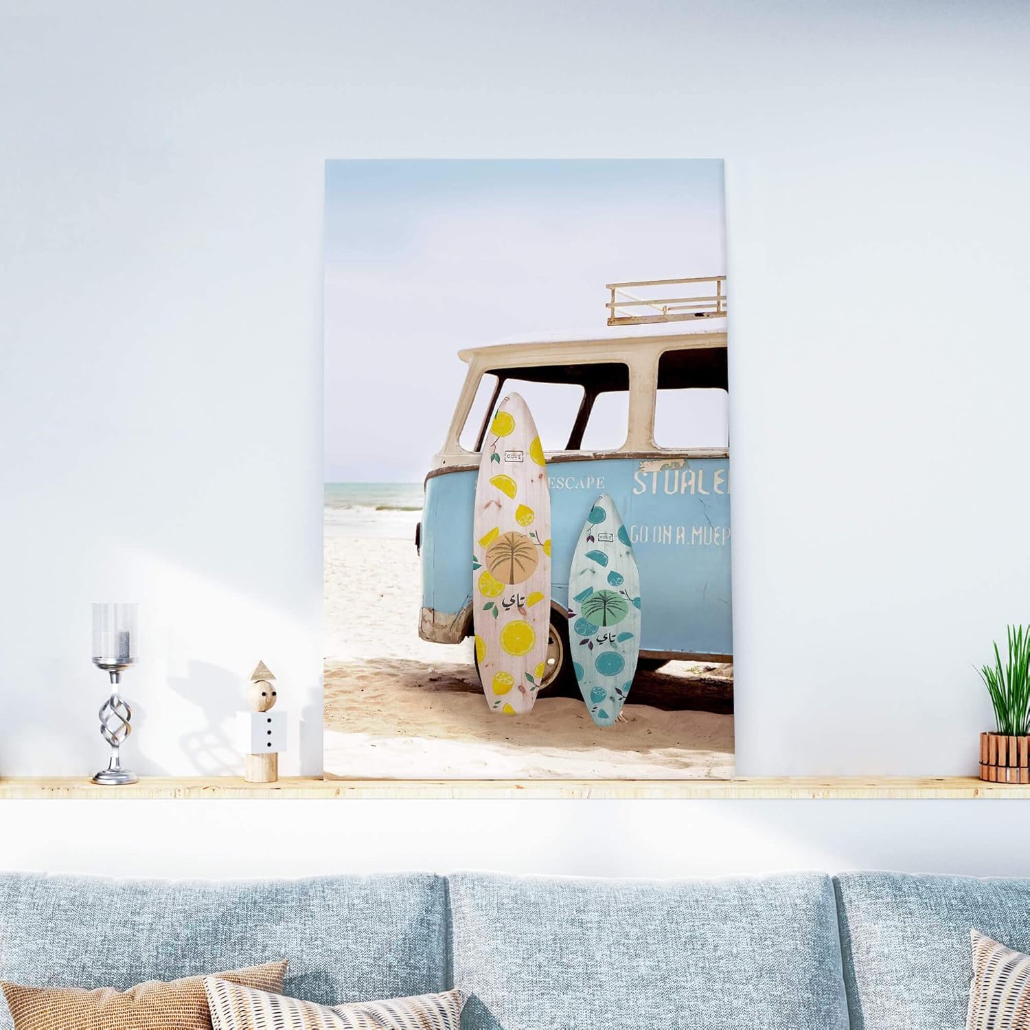 coastal beach canvas wall art: tropical hawaii ocean painting surfboard prints surfer picture vintage seaside van artwork for bathroom bedroom living room beach surfboard 36" x 24"