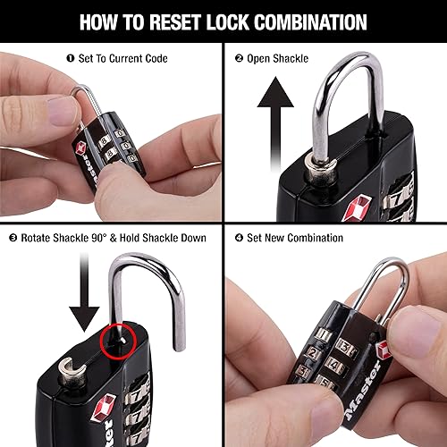 Miniatura 2 de Master Lock Cerradura de equipaje negra aprobada por la TSA con cuerpo de bloqueo ancho y grillete de acero fino y duradero, cierre de cremallera