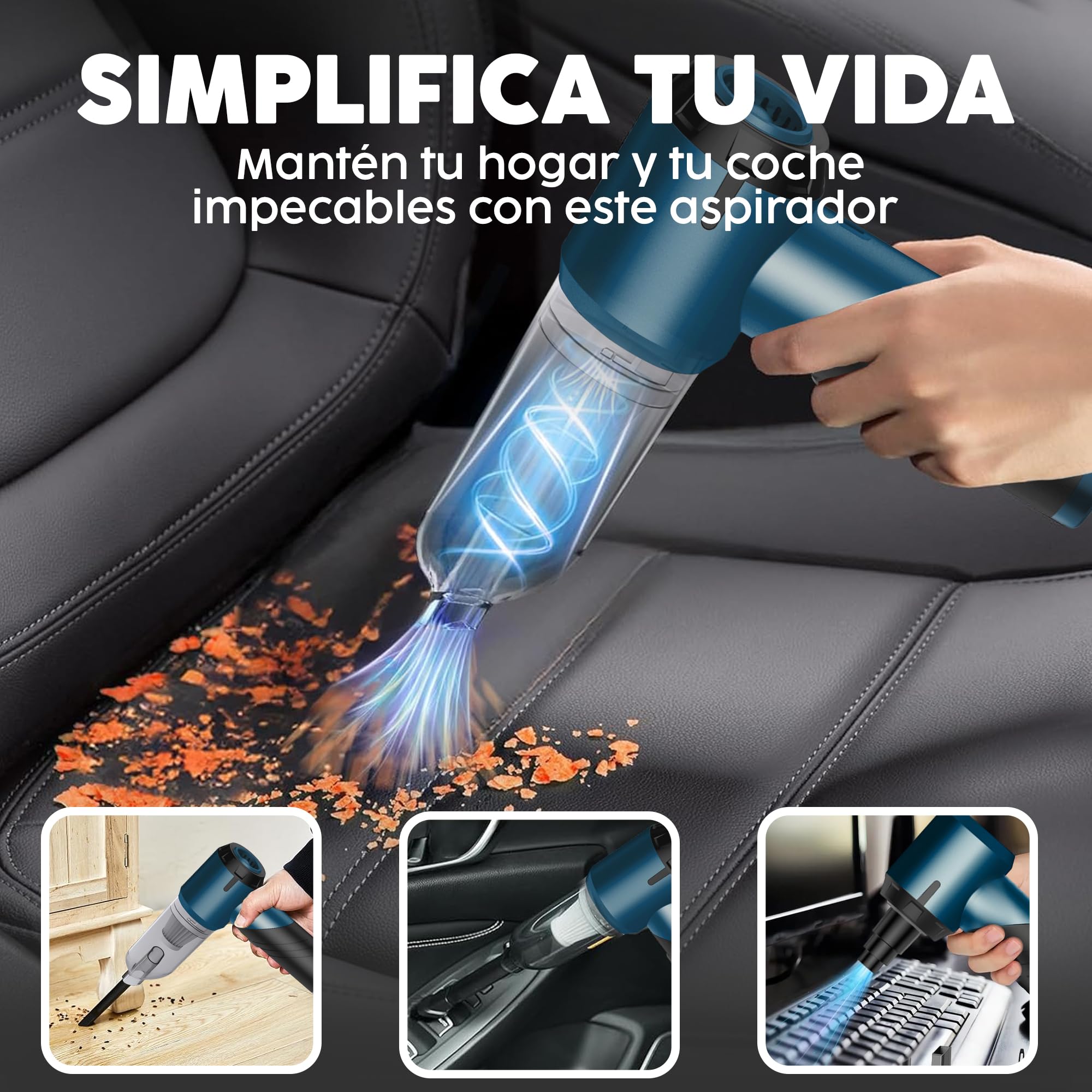 Aspirador De Mano 4 En 1 Con 25000 Pa De Succión | Pantalla LED, Batería 6000 MAh, Inalámbrico | Incluye Soplador E Inflador Para Coche Y Hogar