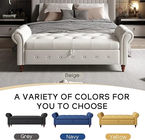 Miniatura 8 de NIOIIKIT Banco otomano de almacenamiento de 63 pulgadas, banco de entrada con botones al final de la cama, sofá otomano armado enrollado para Beige